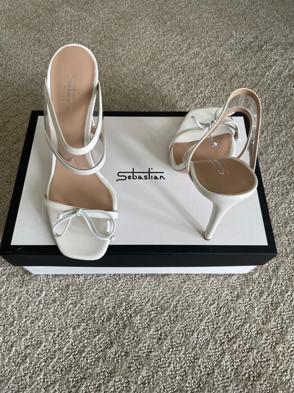 Sebastian White Leather Slingback Heels with Bow Accent